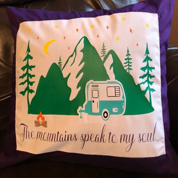 Mountain Camping Pillow Cover, 18x18: Handmade Vintage Camper Teal Purple Decor - Picture 3 of 10
